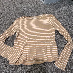 American Eagle Outfitters Tan and White Striped Long Sleeve Tee